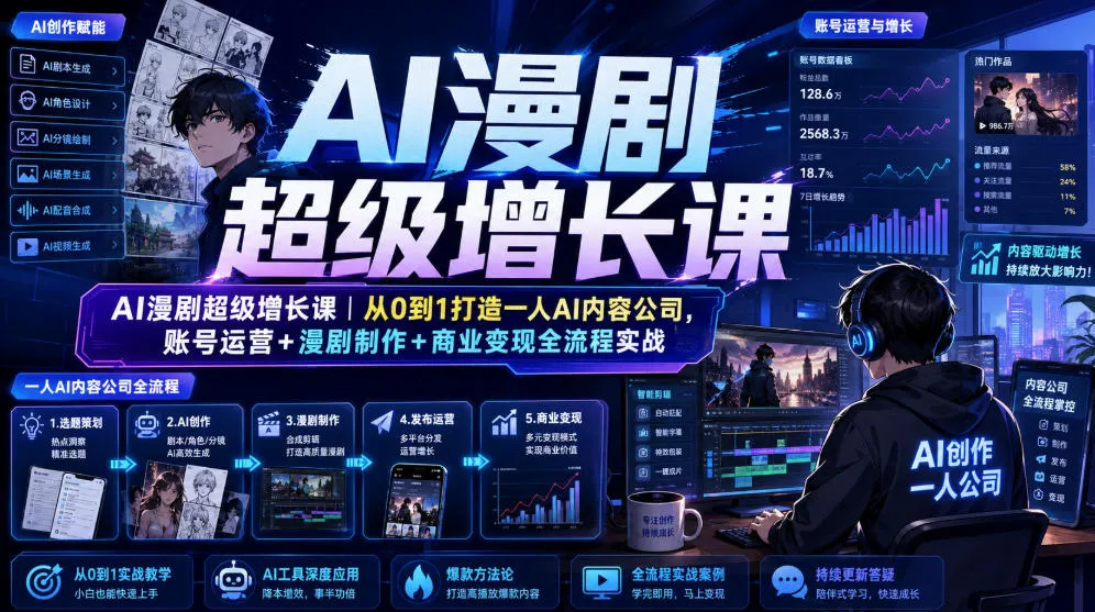 AI漫剧超级增长课｜从0到1打造一人AI内容公司，账号运营+漫剧制作+商业变现全流程实战-e家网