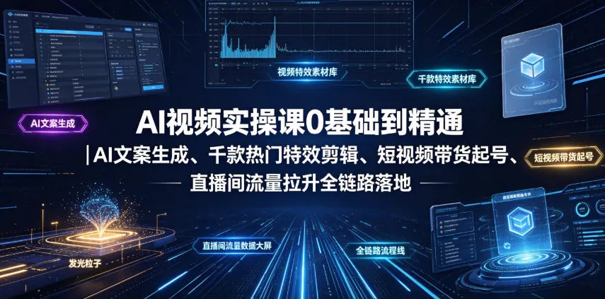 AI视频实操课0基础到精通｜AI文案生成、千款热门特效剪辑、短视频带货起号、直播间流量拉升全链路落地-e家网