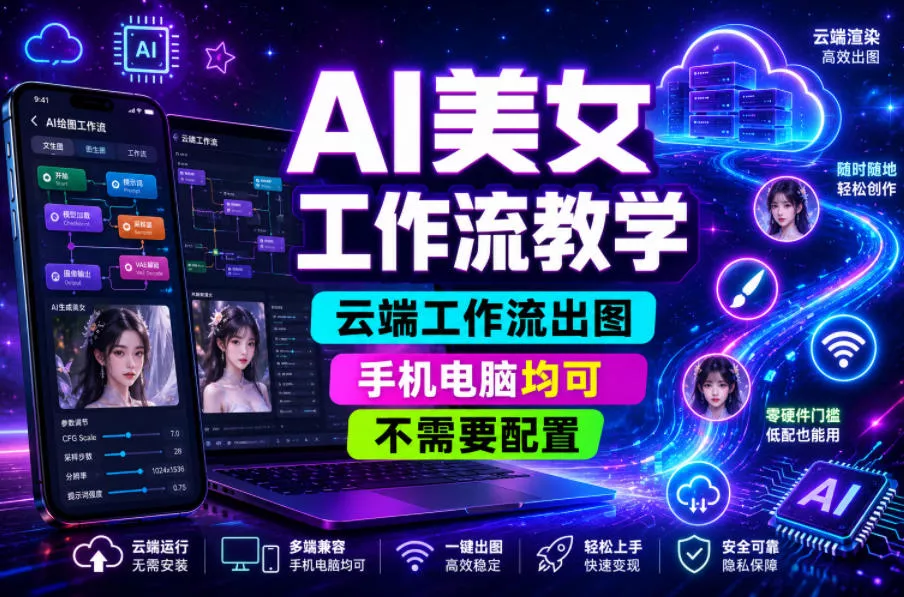 AI美女工作流教学，云端工作流出图，手机电脑均可，不需要配置，快速起号涨粉-e家网