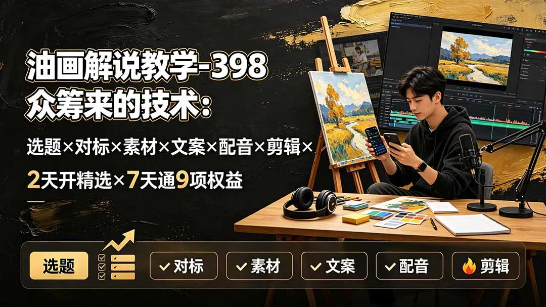 油画解说教学-398众筹来的技术：选题×对标×素材×文案×配音×剪辑×2天开精选×7天通9项权益-e家网