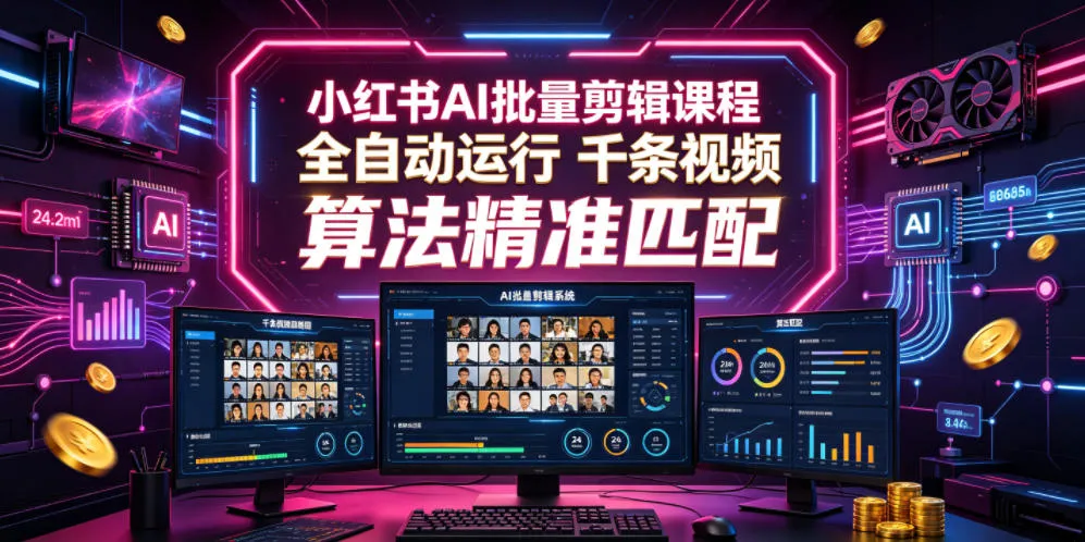 小红书AI批量剪辑课程，24小时全自动运行，解放双手专注运营，千条视频批量处理，小红书算法精准匹配-e家网