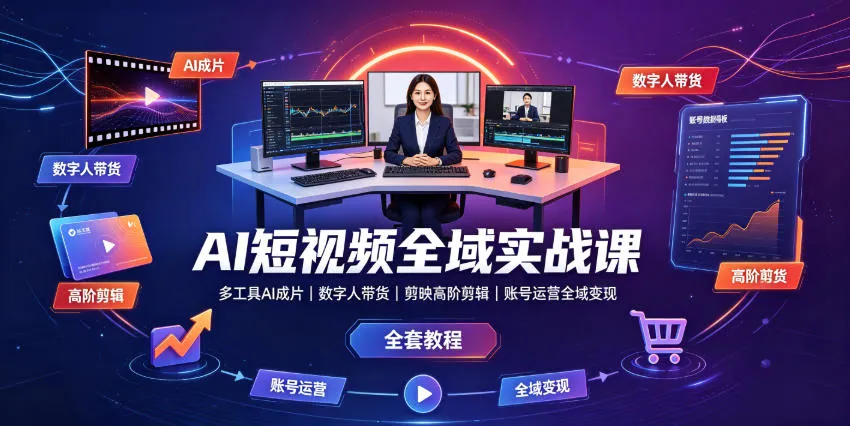 AI短视频全域实战课｜多工具AI成片、数字人带货、剪映高阶剪辑、账号运营全域变现全套教程-e家网
