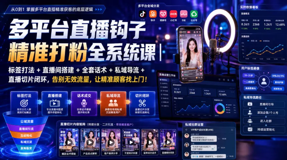 多平台直播钩子精准打粉全系统课｜标签打法+直播间搭建+全套话术+私域导流+直播切片闭环，告别无效流量，让精准顾客找上门！-e家网