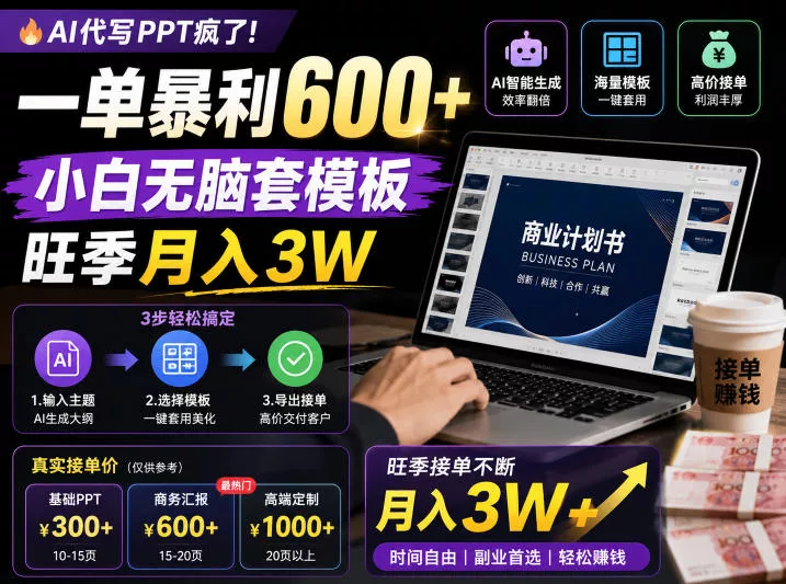 AI代写PPT疯了！一单暴利600+，小白无脑套模板，旺季月入3W，不用苦哈哈引流【揭秘】-e家网
