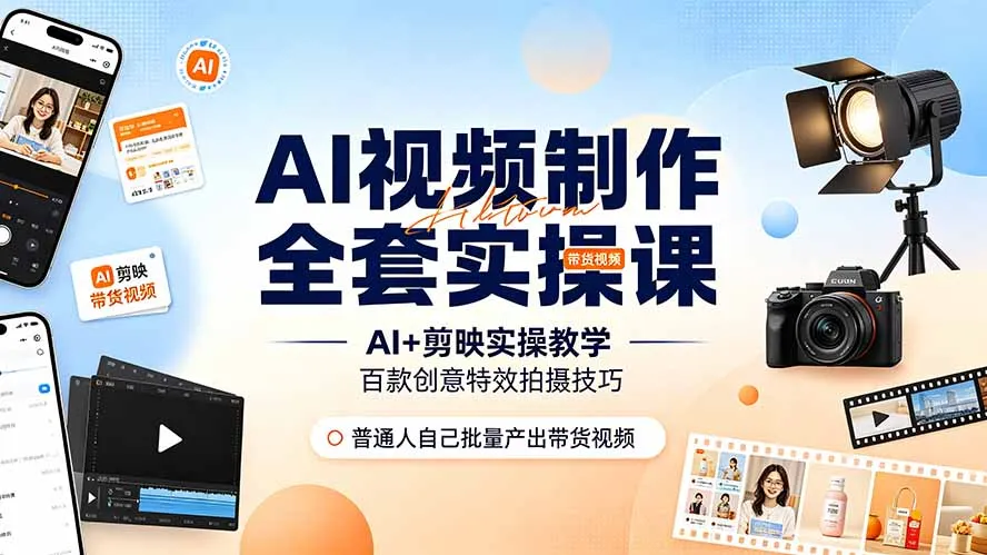 AI视频制作全套实操课，多款AI工具搭配剪映教学，百种特效运镜拍摄实操，抖音账号带货运营全覆盖-e家网