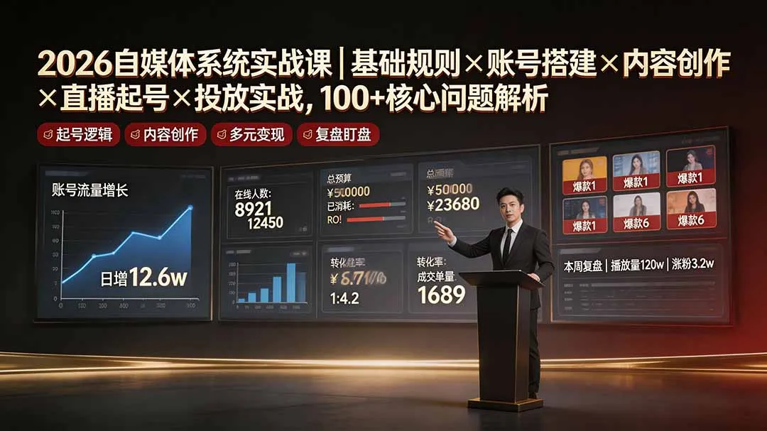 2026自媒体系统实战课｜基础规则×账号搭建×内容创作×直播起号×投放实战，100+核心问题解析-e家网