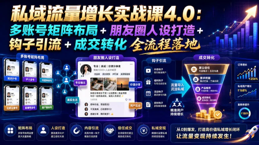 私域流量增长实战课4.0：多账号矩阵布局+朋友圈人设打造+钩子引流+成交转化全流程落地-e家网