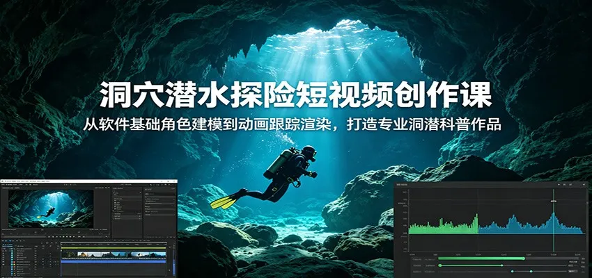 洞穴潜水探险短视频创作课：从软件基础角色建模到动画跟踪渲染，打造专业洞潜科普作品-e家网