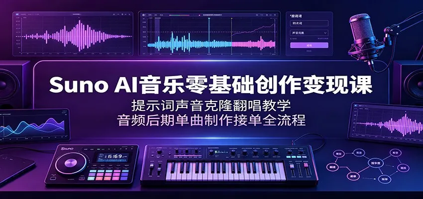 Suno AI音乐零基础创作变现课：提示词声音克隆翻唱教学，音频后期单曲制作接单全流程-e家网