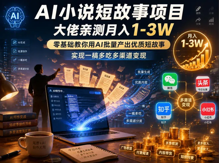 AI小说短故事项目，大佬亲测月入1-3W，零基础教你用AI批量产出优质短故事，实现一稿多吃多渠道变现-e家网