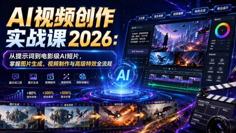 AI视频创作实战课2026:从提示词到电影级AI短片,掌握图片生成、视频制作与高级特效全流程-e家网