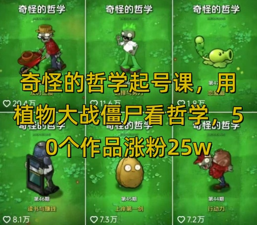 奇怪的哲学起号课，用植物大战僵尸看哲学，50个作品涨粉25w，暴力撸收益，全平台均可发布-E家云商