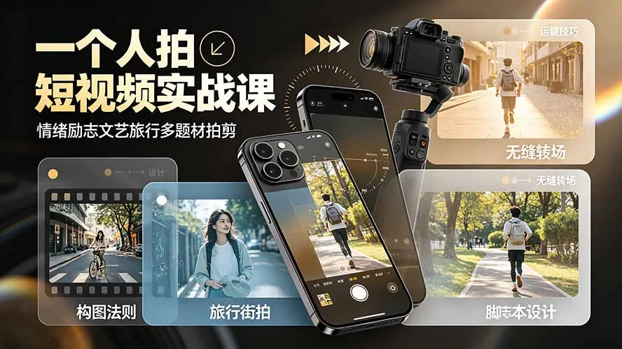 一个人拍短视频实战课：情绪励志文艺旅行多题材×五大景别×黄金构图×八大运镜，从拍摄到成片高效创作-e家网