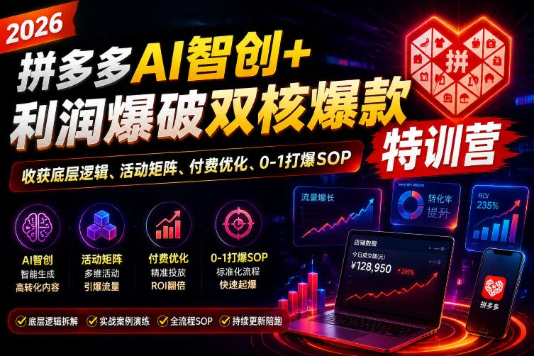 2026拼多多AI智创+利润爆破双核爆款特训营，收获底层逻辑、活动矩阵、付费优化、0-1打爆SOP-e家网
