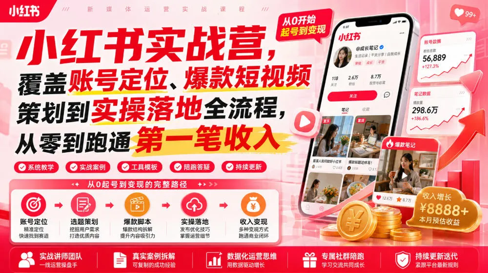 小红书实战营，覆盖账号定位、爆款短视频策划到实操落地全流程，从零到跑通第一笔收入-e家网