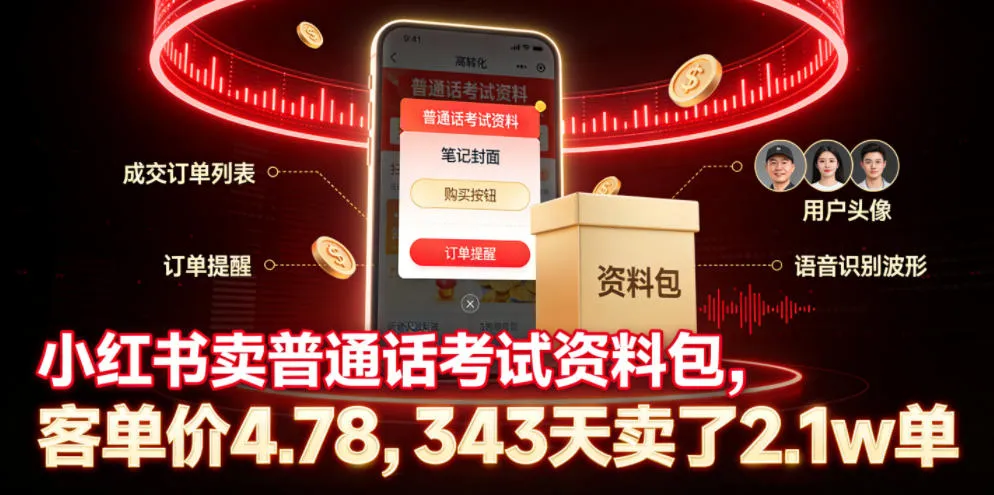 小红书卖普通话考试资料包，客单价4.78，343天卖了2.1w单-e家网