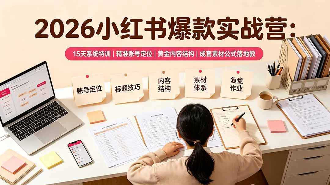 2026小红书爆款实战营：15天系统特训｜精准账号定位｜黄金内容结构｜成套素材公式落地教程-e家网
