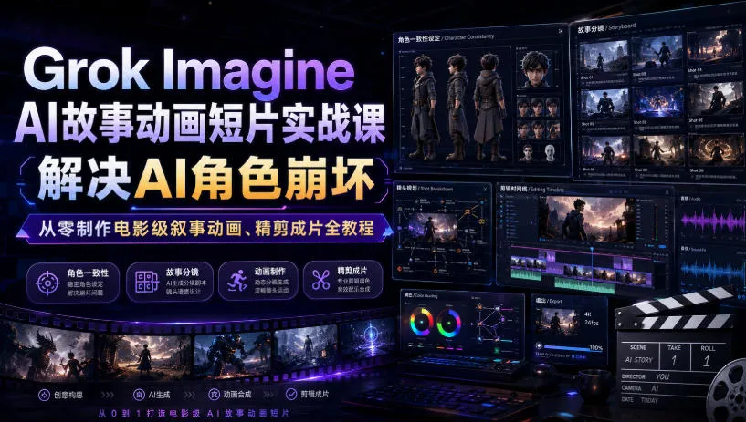 Grok Imagine AI故事动画短片实战课｜解决AI角色崩坏，从零制作电影级叙事动画、精剪成片全教程(中英字幕)-e家网
