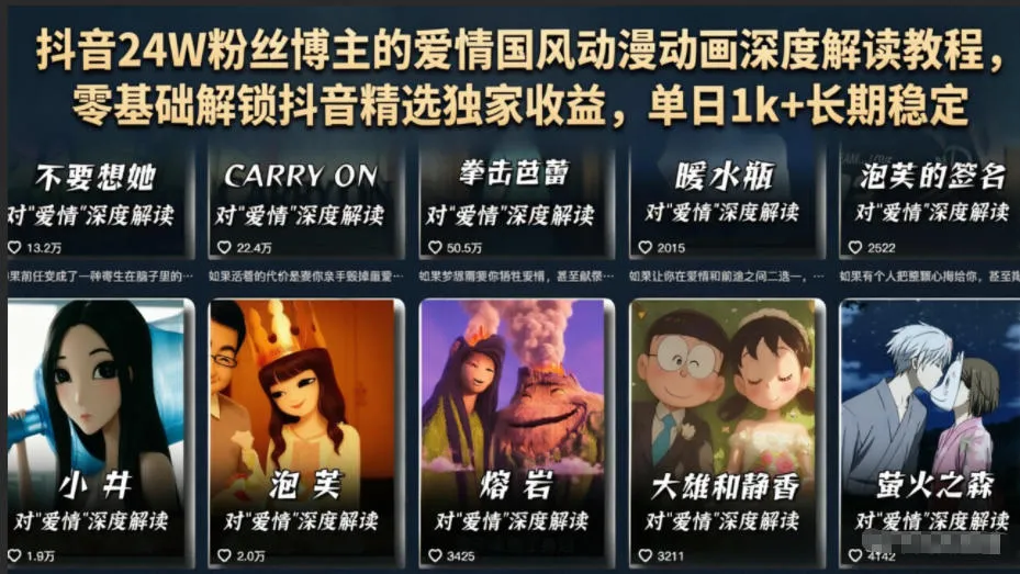 抖音24W粉丝博主的爱情国风动漫动画深度解读教程，零基础解锁抖音精选独家收益，单日1k+长期稳定-e家网