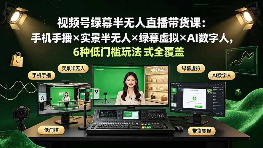 视频号绿幕半无人直播带货课：手机手播×实景半无人×绿幕虚拟×AI数字人，6种低门槛玩法全覆盖-e家网