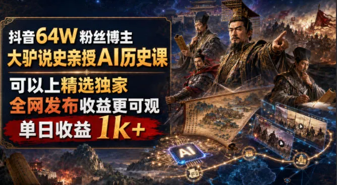 抖音64W粉丝博主大驴说史亲授AI历史课，可以上精选独家，全网发布收益更可观，单日收益1k+-e家网
