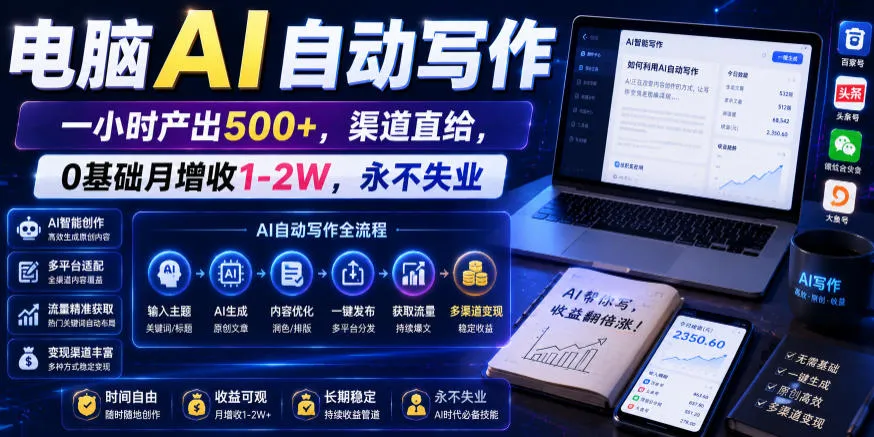 电脑AI自动写作，一小时产出500+，渠道直给，0基础月增收1-2W，永不失业【揭秘】-e家网