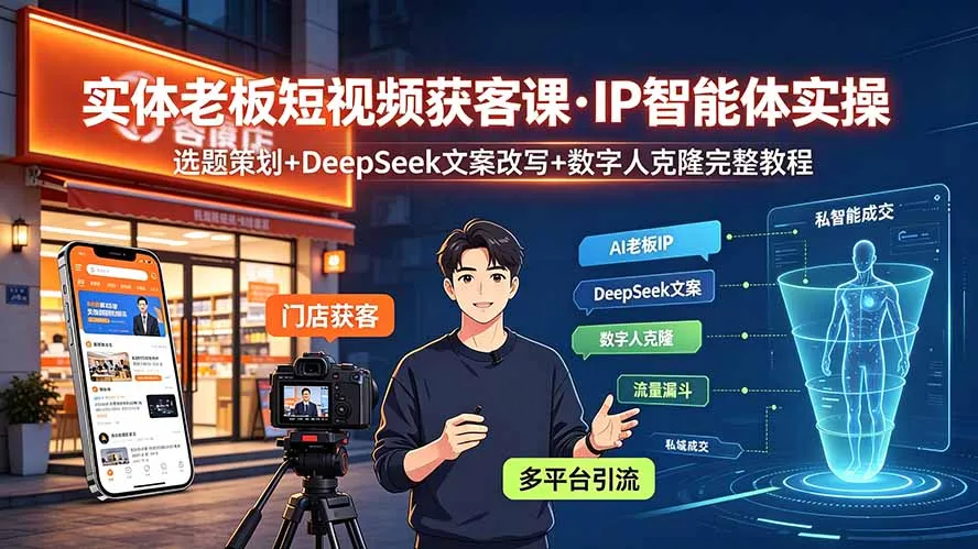 实体老板短视频获客课·IP智能体实操｜选题策划+DeepSeek文案改写+数字人克隆完整教程-e家网