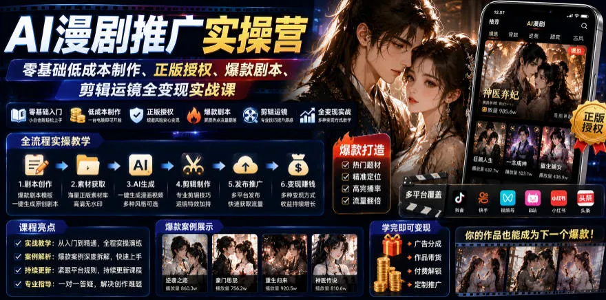AI漫剧推广实操营｜零基础低成本制作、正版授权、爆款剧本、剪辑运镜全变现实战课-e家网