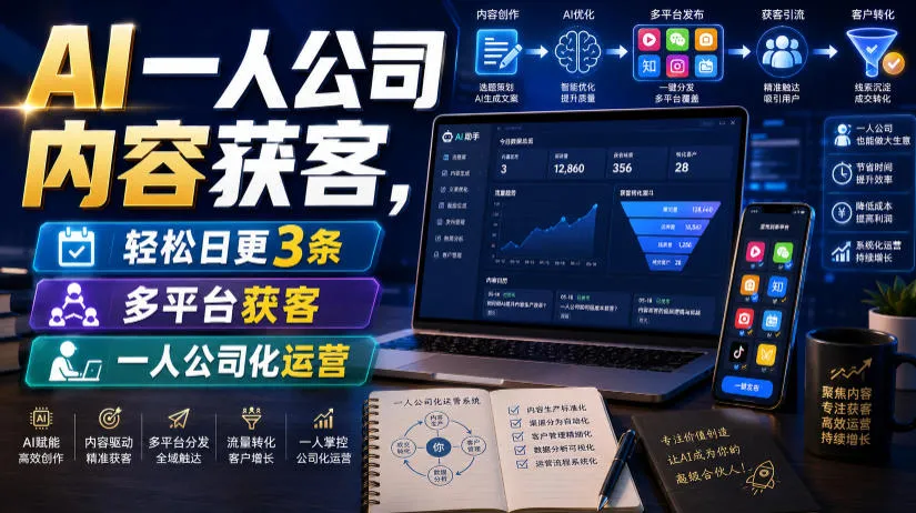 AI一人公司内容获客，轻松日更3条，多平台获客，一人公司化运营-e家网