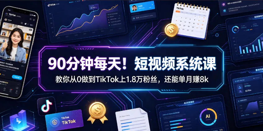 90分钟每天！短视频系统课教你从0做到TikTok上1.8万粉丝，还能单月賺8k【原创双语字幕】-e家网
