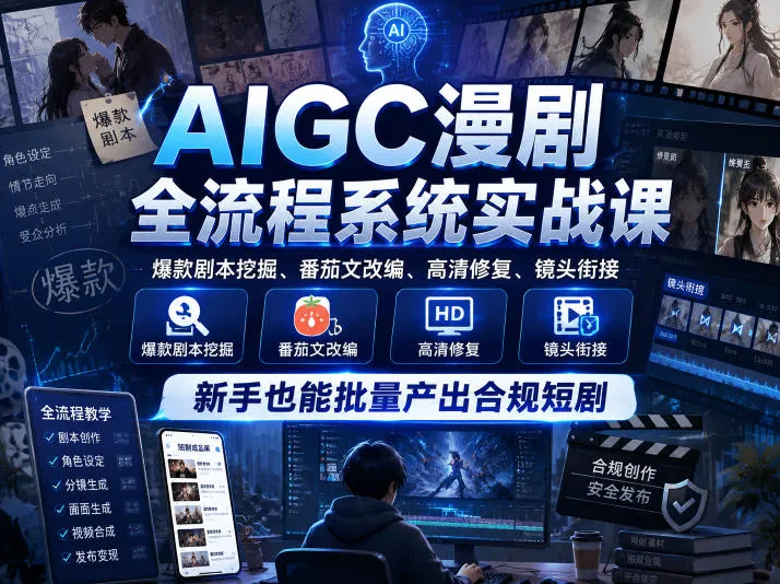 AIGC漫剧全流程系统实战课，爆款剧本挖掘、番茄文改编、高清修复、镜头衔接，新手也能批量产出合规短剧-e家网