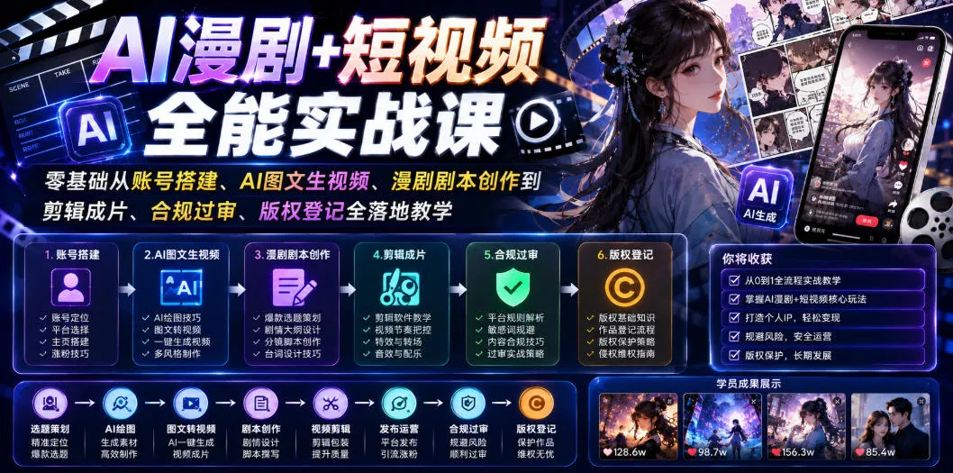 AI漫剧+短视频全能实战课｜零基础从账号搭建、AI图文生视频、漫剧剧本创作到剪辑成片、合规过审、版权登记全落地教学-e家网