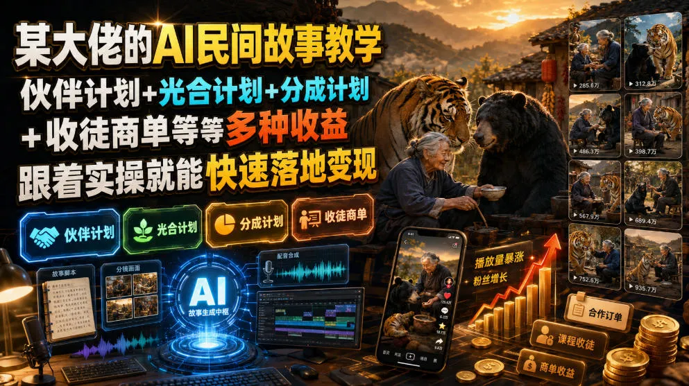 某大佬的AI民间故事教学，伙伴计划+光合计划+分成计划+收徒商单等多种收益，跟着实操就能快速落地变现-e家网