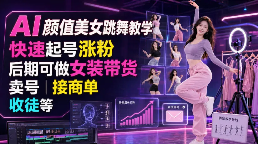 AI颜值美女跳舞教学，快速起号涨粉，后期可做女装带货，卖号，接商单，收徒等-e家网