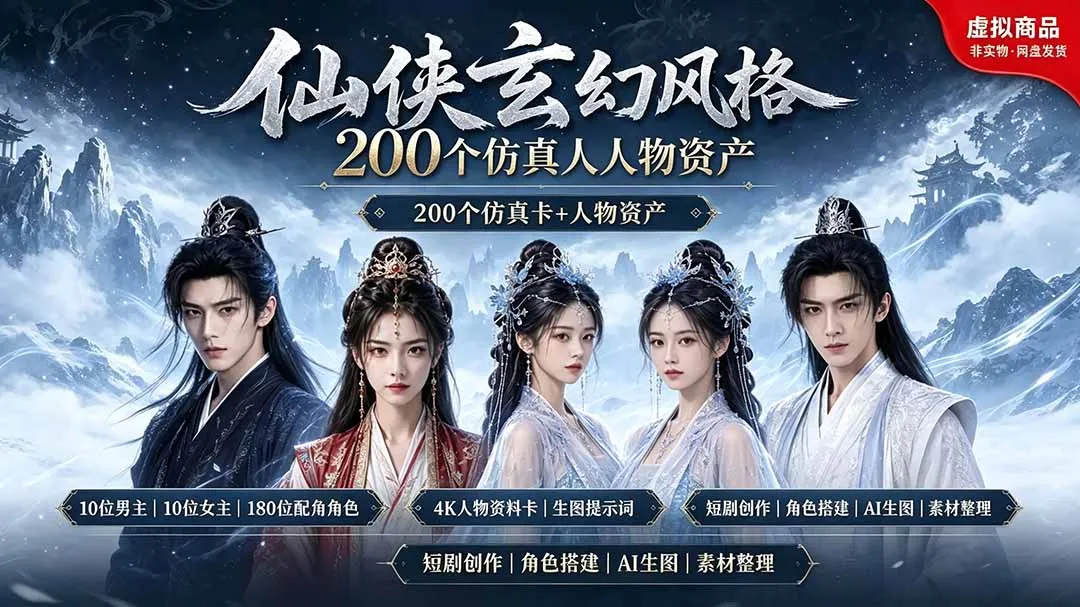 200个仙侠玄幻仿真人素材◆10男主×10女主×180配角，4K资料卡+AI生图提示词，漫剧必备-e家网