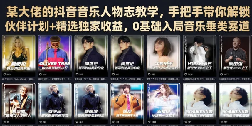 某大佬的抖音音乐人物志教学，手把手带你解锁伙伴计划+精选独家收益，0基础入局音乐垂类赛道-e家网