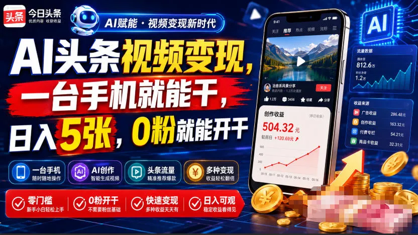 AI头条视频变现，一台手机就能干，日入5张，0粉就能开干-e家网