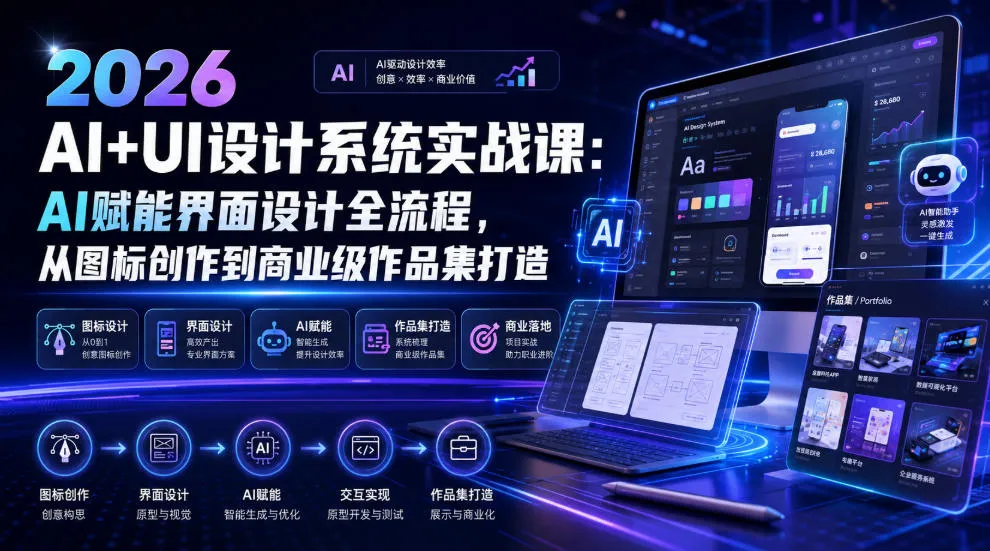 2026 AI+UI设计系统实战课：AI赋能界面设计全流程，从图标创作到商业级作品集打造-e家网