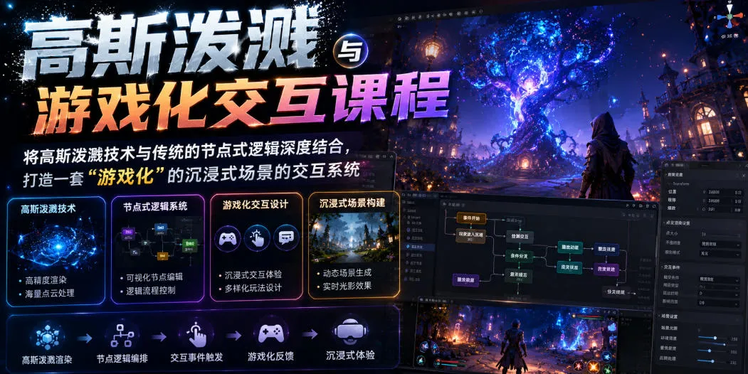 高斯泼溅与游戏化交互课程，将高斯泼溅技术与传统的节点式逻辑深度结合，打造一套“游戏化”的沉浸式场景的交互系统-e家网