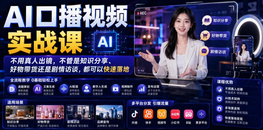 AI口播视频实战课，不用真人出镜，不管是知识分享、好物带货还是剧情访谈，都可以快速落地-e家网