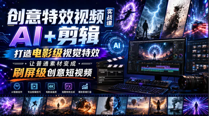 创意特效视频实战课，AI+剪辑打造电影级视觉特效，让普通素材变成刷屏级创意短视频-e家网