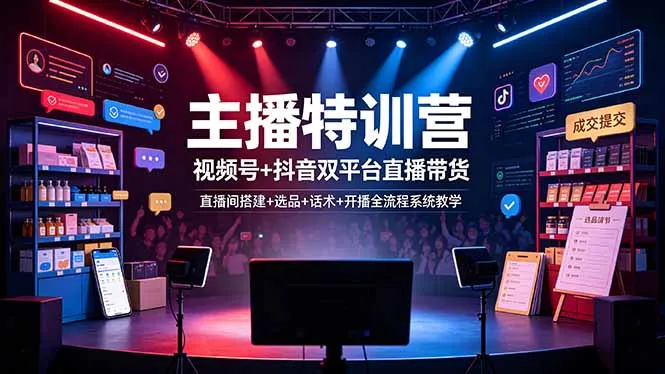 主播特训营：视频号+抖音双平台直播带货，直播间搭建+选品+话术+开播全流程系统教学-e家网