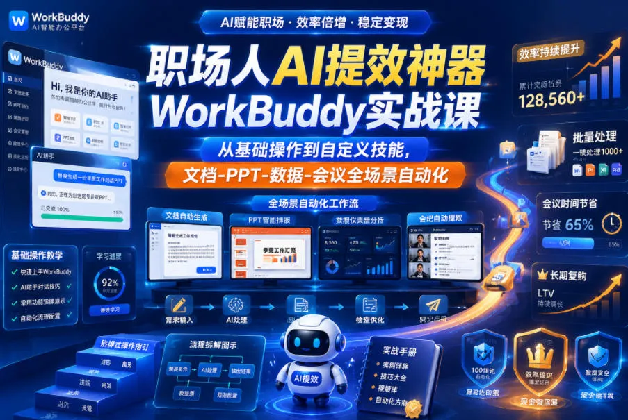 职场人AI提效神器WorkBuddy实战课，从基础操作到自定义技能，文档-PPT-数据-会议全场景自动化-e家网
