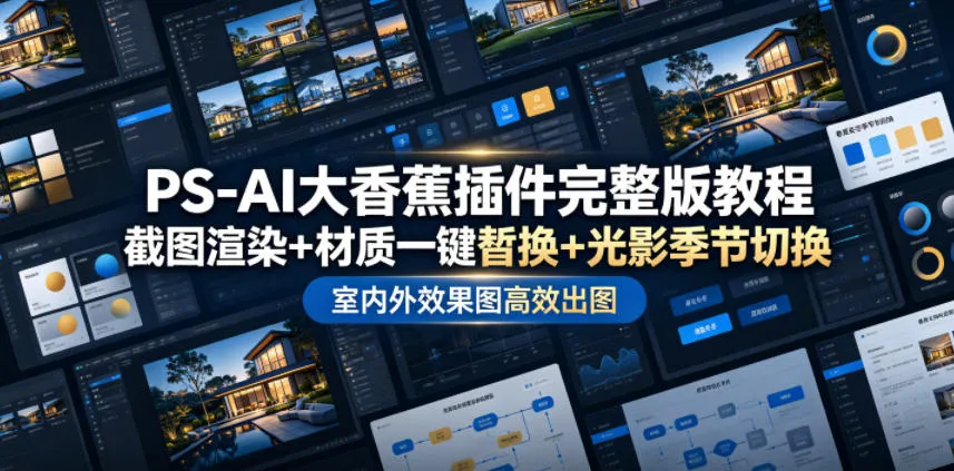 PS-AI大香蕉插件完整版教程，截图渲染+材质一键替换+光影季节切换，室内外效果图高效出图高阶课程-e家网