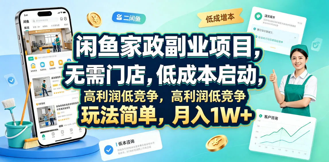 闲鱼家政副业项目，无需门店，低成本启动，高利润低竞争，玩法简单，月入1W+-e家网