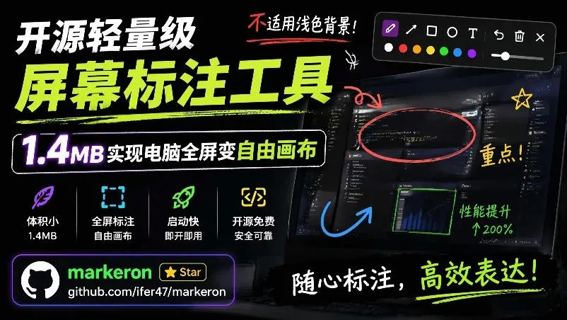 开源轻量级屏幕标注工具，1.4MB实现电脑全屏变自由画布！支持8种标注工具和全键盘操控MarkerOn-e家网