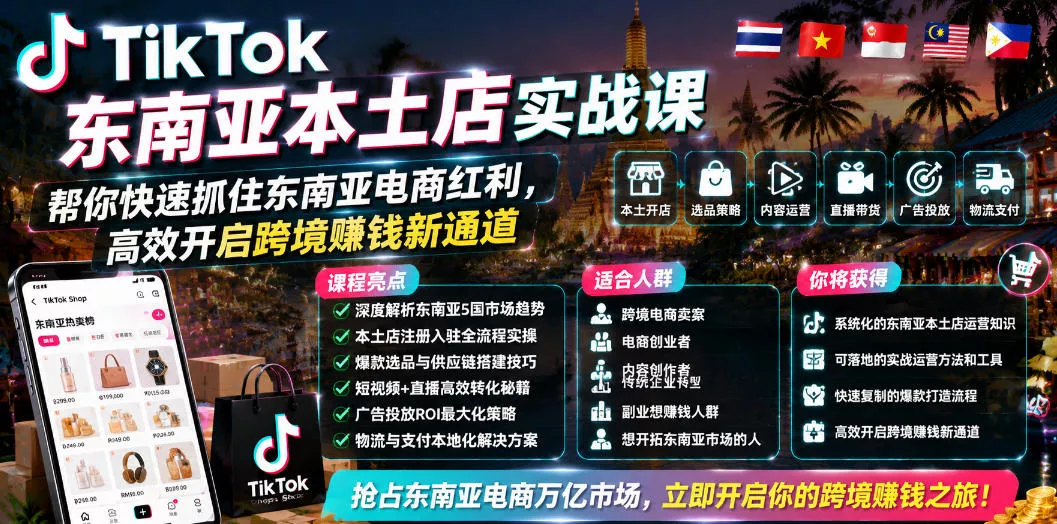 TikTok东南亚本土店实战课，帮你快速抓住东南亚电商红利，高效开启跨境賺钱新通道-e家网
