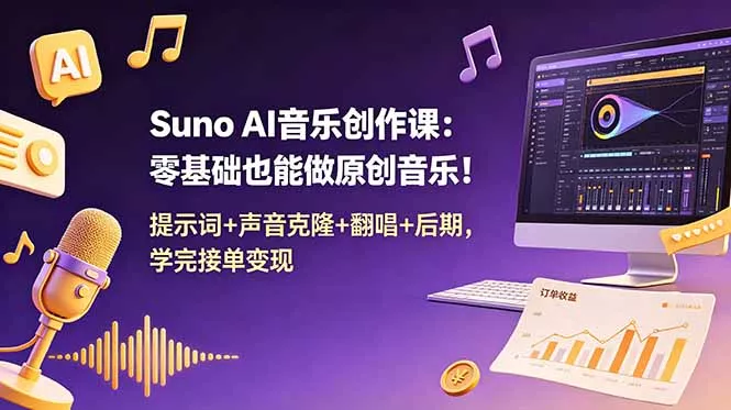 Suno AI音乐创作课:零基础也能做原创音乐!提示词+声音克隆+翻唱+后期,学完接单变现-e家网