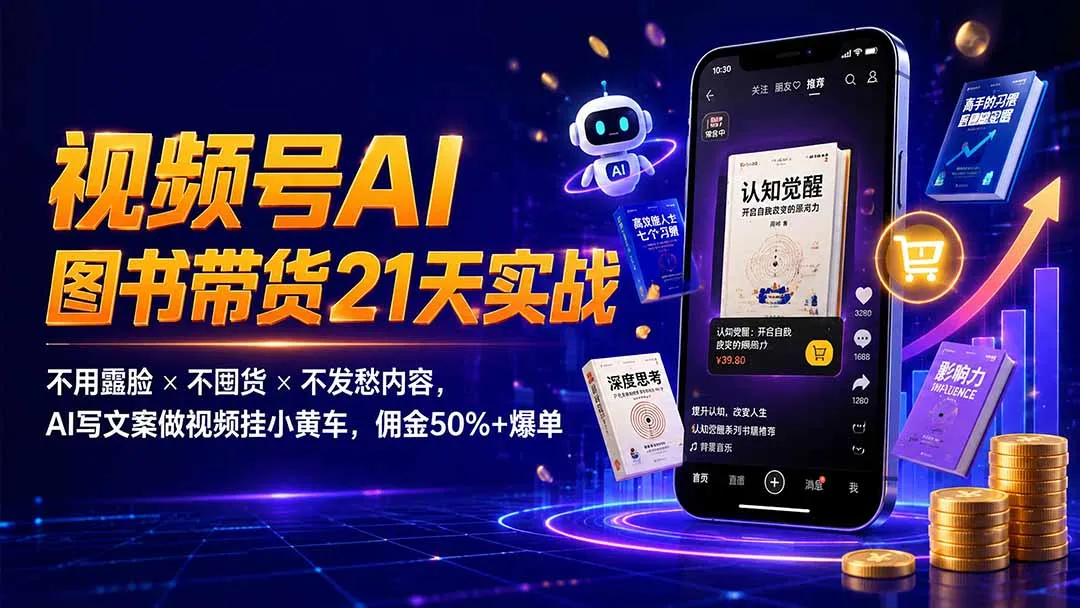 繁花视频号AI图书带货21天实战：不用露脸×不囤货×不发愁内容，AI写文案做视频挂小黄车，佣金50%+爆单-e家网