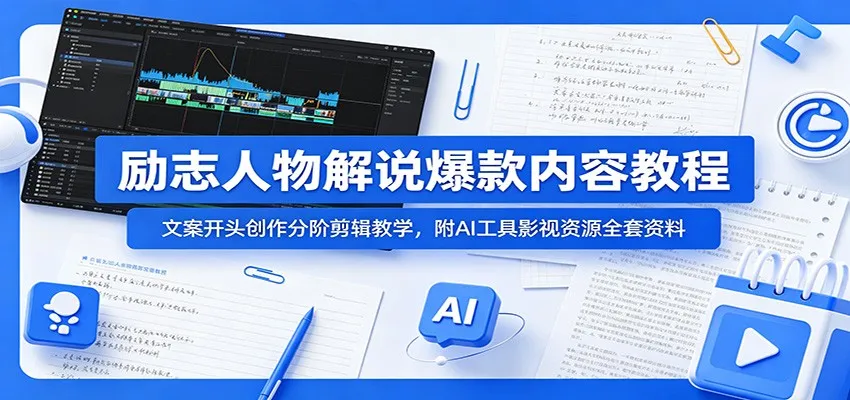 励志人物解说爆款内容教程：文案开头创作分阶剪辑教学，附AI 工具影视资源全套资料-e家网